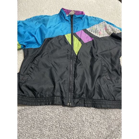 VTG Puma 80s Track Jacket Windbreaker Colorblock Neon Womens Medium Black Blue - Picture 2 of 12